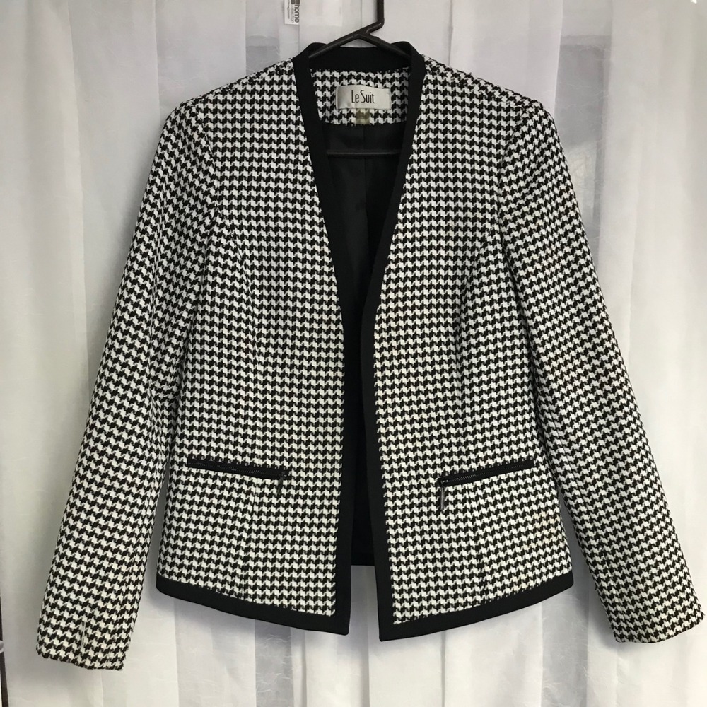 Le Suit Womens Black White Houndstooth Open‎ Front Zipper Pocket Blazer Jacket 6
